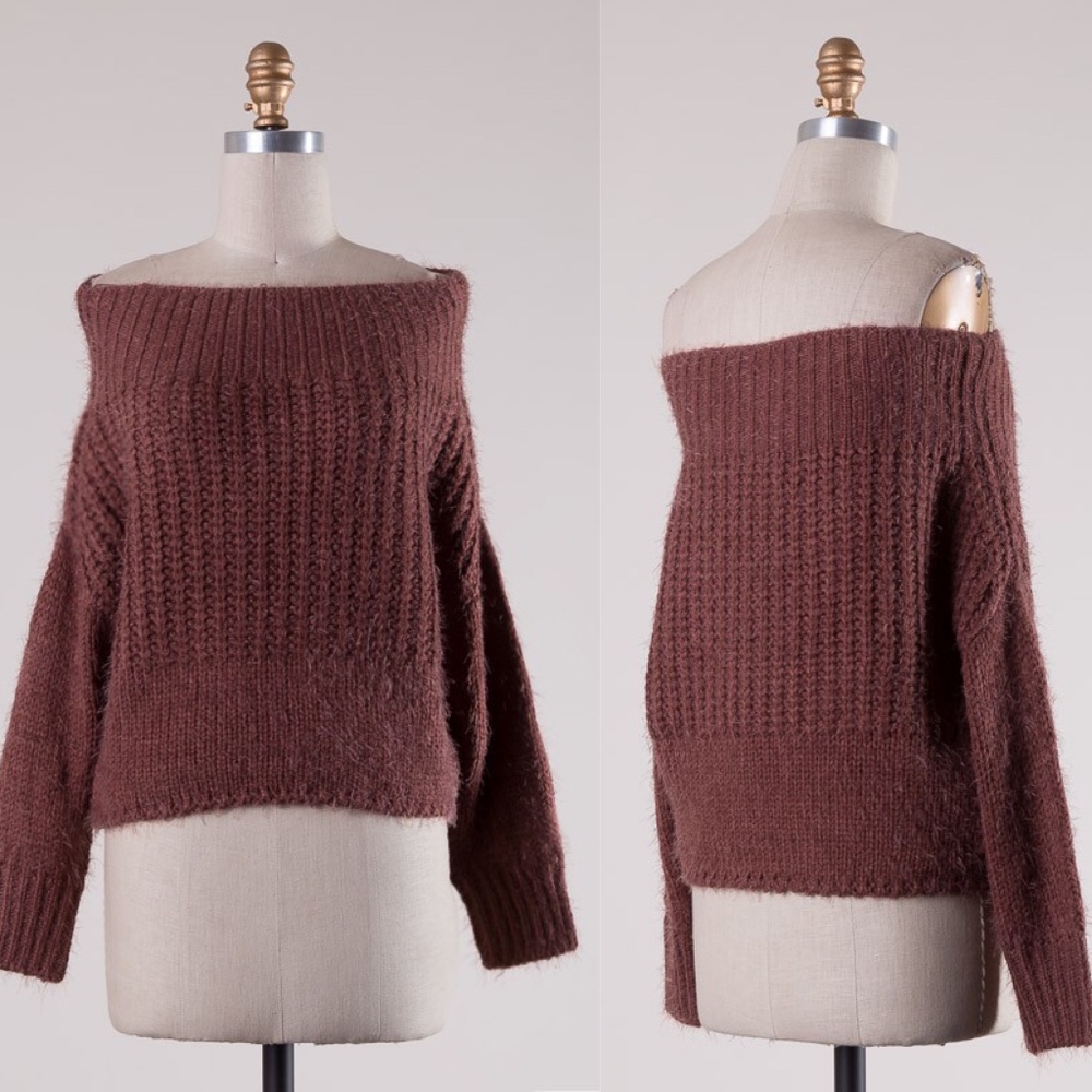 AIKO Off Shoulder Fuzzy Sweater - RED BEAN - Picture 2 of 2